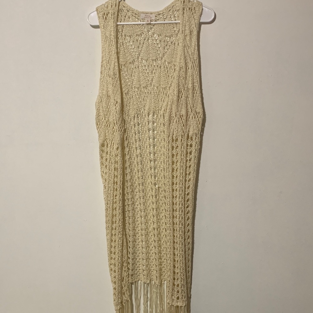 Sun & Shadow Ivory  Crocheted Style Knit Cardigan with fringe